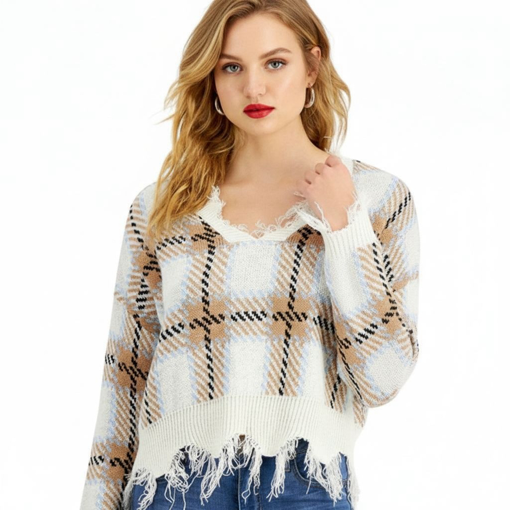Polly & Esther Juniors’ Large Distressed Plaid V-neck Taupe Sweater